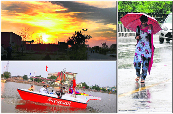 (Clockwise from above) A view of the sky that is aglow in an orange hue on Sunday afternoon; only a day earlier, umbrellas were out in the city as shield from the rain; and people enjoy a motorboat ride in the lake.
