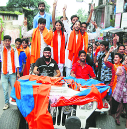 ABVP activists take out a rally after their victory in the student elections at Dharamsala on Sunday. Photo: Kamaljeet