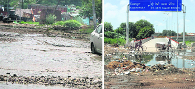 Slush on a road in Transport Nagar; (right) the road near Qazi Mandi in Jalandhar is full of garbage.