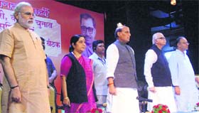 BJP leaders (from left) Narendra Modi, Sushma Swaraj, Rajnath Singh, LK Advani, and Arun Jaitley in New Delhi on Sunday