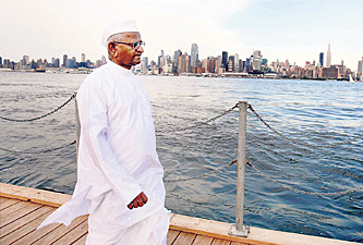 Anna in US: Activist Anna Hazare on the banks of the Hudson river in New Jersey, US, on Saturday.