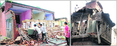 A building that collapsed in the Cantonment area after heavy rain in Amritsar; and (right) an old rickety building that was demolished by the MC in Amritsar on Monday.