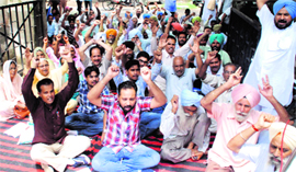 The employees of PWD protest against the transfers of association leaders in Bathinda on Monday.