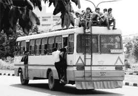 Not caring much about their lives, youths sit atop a bus and hang on to doors in Panchkula.