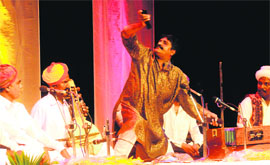 Sufi singer Ustab Gazi Khan Manganiyar performs during the fifth Art and Culture Heritage Festival at Tagore Theatre in Chandigarh on Monday.