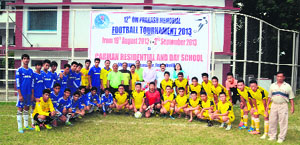 The participating teams on the opening day of the 12th Om Prakash Memorial Football Tournament in Dehradun on Monday. 
