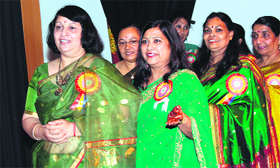 Women participate in the Teej festival organised by the ONGC Mahila Samiti in Dehradun on Monday.