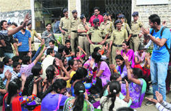ABVP activists hold an agitation at the gate of the college in Mandi on Monday. Photo: Jai Kumar