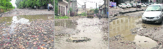 (From left) The deplorable condition of the road linking Ladowali Road with Guru Nanak Pura; Gujja Peer road; and a road near the bus stand in Jalandhar.