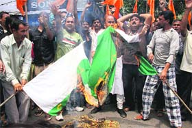 Activists of Shiv Sena protest in Jammu in Jammu on Monday