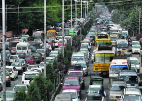 A view of a traffic jam in Srinagar on Monday