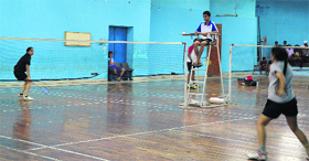 Players in action during the ongoing Ludhiana Open District Badminton Championship on Monday.