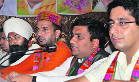 Mohit Gupta (second from right), president of the BJP Yuva Morcha, during a press conference in Ludhiana.