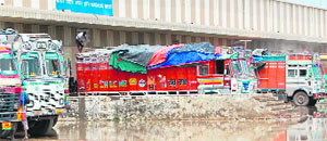 Trucks parked at the International Check Post at Attari. 