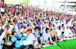 Members of various organisations raise slogans against the state government while holding a protest dharna at the Grain Market in Bathinda on Tuesday.