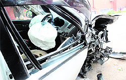 The vehicles that collided near Sukhna Lake on Monday night. The impact of the collision was such that the airbags of the Fortuner burst. The accident claimed the life of a cyclist.