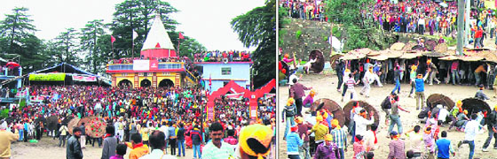 (Left) People get ready for the stone war called "Bagwal" at Devidhura temple in Champawat district of Kumaon; (right) "Bagwal" taking place at the temple.