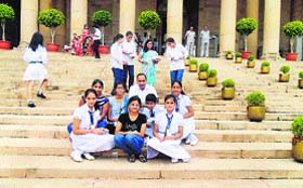 Students of DAV Public School at Ratia on the stairs of Rashtrapati Bhawan in New Delhi on Tuesday
