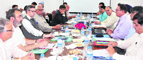 Chief Minister Omar Abdullah and Governor NN Vohra during a meeting to review arrangements for the science congress, in Srinagar on Tuesday.