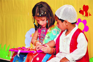Children celebrate Raksha Bandhan at Maple Bear School in Ludhiana on Tuesday.