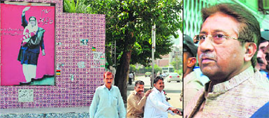 Residents move past a portrait of slain Opposition leader and former PM Benazir Bhutto at her assassination site in Rawalpindi on Monday; (right) Pakistans former President and military ruler Pervez Musharraf. 