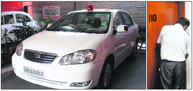 Mayor Subhash Chawla's official car parked at the MC office; and (right) an official locks the Mayor's room in Chandigarh on Wednesday.