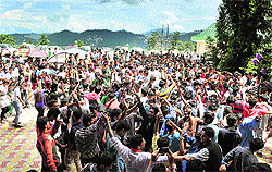 Supporters of the ABVP celebrate their victory in the CSCA election at Rajiv Gandhi College in Shimla on Wednesday