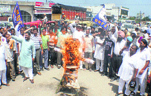 Workers of the BSP burn an effigy of the Punjab Police on Pathankot-Jammu highway in Jalandhar on Wednesday.