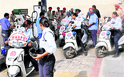 Members of the WASPS and the PCR personnel get the fuel tanks of their vehicles filled at a private petrol pump on the Amrik Singh Road near Teenkoni in Bathinda on Thursday