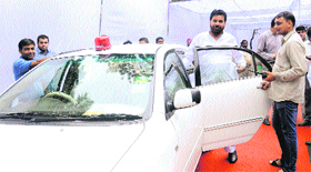Chandigarh Mayor Subhash Chawla sitting in his car after the inaugural function of Community Centre at Sector 27, Chandigarh, on Thursday.