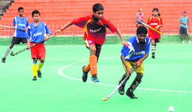 A hockey match in progress during the 12th ONGC SN Vohra Memorial Sub-Junior Tournament at Hockey Stadium, Sector 42, in Chandigarh on Thursday.