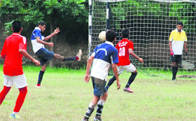 Players in action during a football match at St Soldier School, Sector 28, in Chandigarh on Thursday.