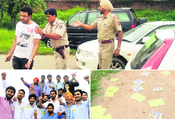(Clockwise from top) While other personnel round up an outsider; the ground strewn with pamphlets after the crowd is dispersed; and the supporters move to the dental institute to canvass on the south campus of Panjab University in Chandigarh on Thursday.