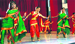 Girls perform at the Sahodaya CBSE school inter-school folk dance competition in Dehradun on Thursday