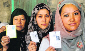 Women voters display their voter I-cards in Kargil.