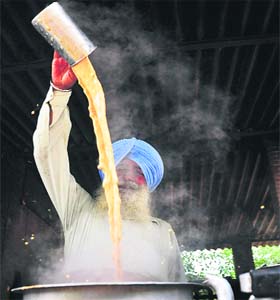 Adding taste to tea: Giani Sarlocahan Singh prepares tea in his peculiar style on the PAU campus. Giani has been running a tea stall-cum-eatery on the campus and is famous for his special tea