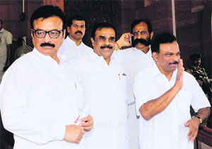 Seemandhra Congress MP Sai Prathap with other MPs at Parliament in New Delhi on Thursday. 