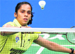 Hyderabad Hotshots' Saina Nehwal plays a shot against Mumbai Masters P Thulasi during the Indian Badminton League in Pune on Thursday.  PTI