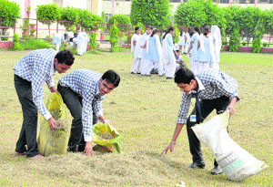 Students during a cleanliness drive under the National Service Scheme at Lord Rama School in Bathinda on Friday. 