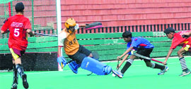 Players in action during the ONGC SN Vohra Memorial Sub-Junior Hockey Tournament at the Sector 42 hockey stadium in Chandigarh on Friday.