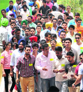 Leaders and supporters of Students Organisation of Panjab University (SOPU) take out a rally at DAV College, Sector 10, in Chandigarh on Friday.