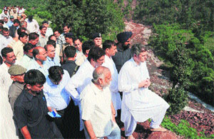 Chief Minister Omar Abdullah takes stock of flood-hit Kalakote on Friday. 