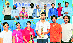 The winners of the LIC North Zone Badminton Tournament during the prize distribution function in Ludhiana on Friday