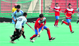 A semifinal match in progress during the 12th ONGC SN Vohra Memorial Sub-Junior (U-14) Hockey Tournament at the Sector 42 stadium in Chandigarh on Saturday.