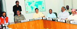 Chief Minister Vijay Bahuguna at a meeting with members of the Uttarakhand Environment Product Vikas Samiti at the India Habitat Centre in New Delhi on Saturday. 