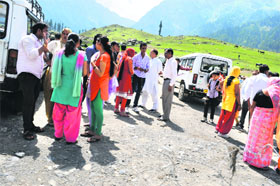  A group of tourists at the hill resort of Sonamarg in Ganderbal district on Saturday.