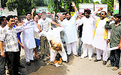 Activists of the Vishwa Hindu Parishad and Bajrang Dal burn an effigy of Samajwadi Party chief Mulayam Singh Yadav and Uttar Pradesh Chief Minister Akhilesh Yadav to protest against the arrest of the national president of the VHP Praveen Togadia, in Bathinda on Sunday
