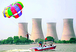 Adventure enthusiasts take part in a water sport in Bathinda