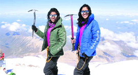 At the peak Twin sisters, Nungshi and Tashi, on the summit of Mt Elbrus.