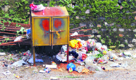 Garbage spills out of a dustbin on The Mall in Mussoorie.